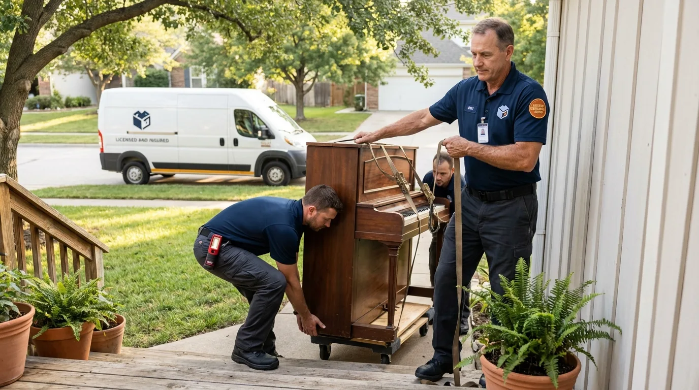 Licensed piano movers securing grand piano in Pomona, NJ
