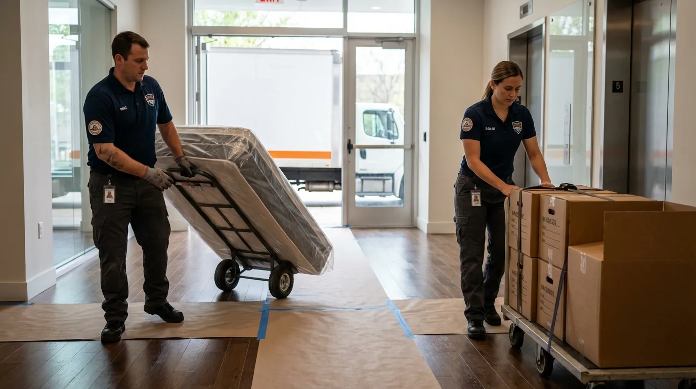Professional apartment movers loading elevator in Pomona, NJ